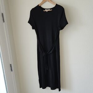 Time and Tru Black Knit Midi Dress with Tie Waist T-shirt style Sz M casual